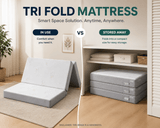Tri-fold mattress with soft fabric, ideal for floor sleeping, guest use, or camping. Portable and comfy.