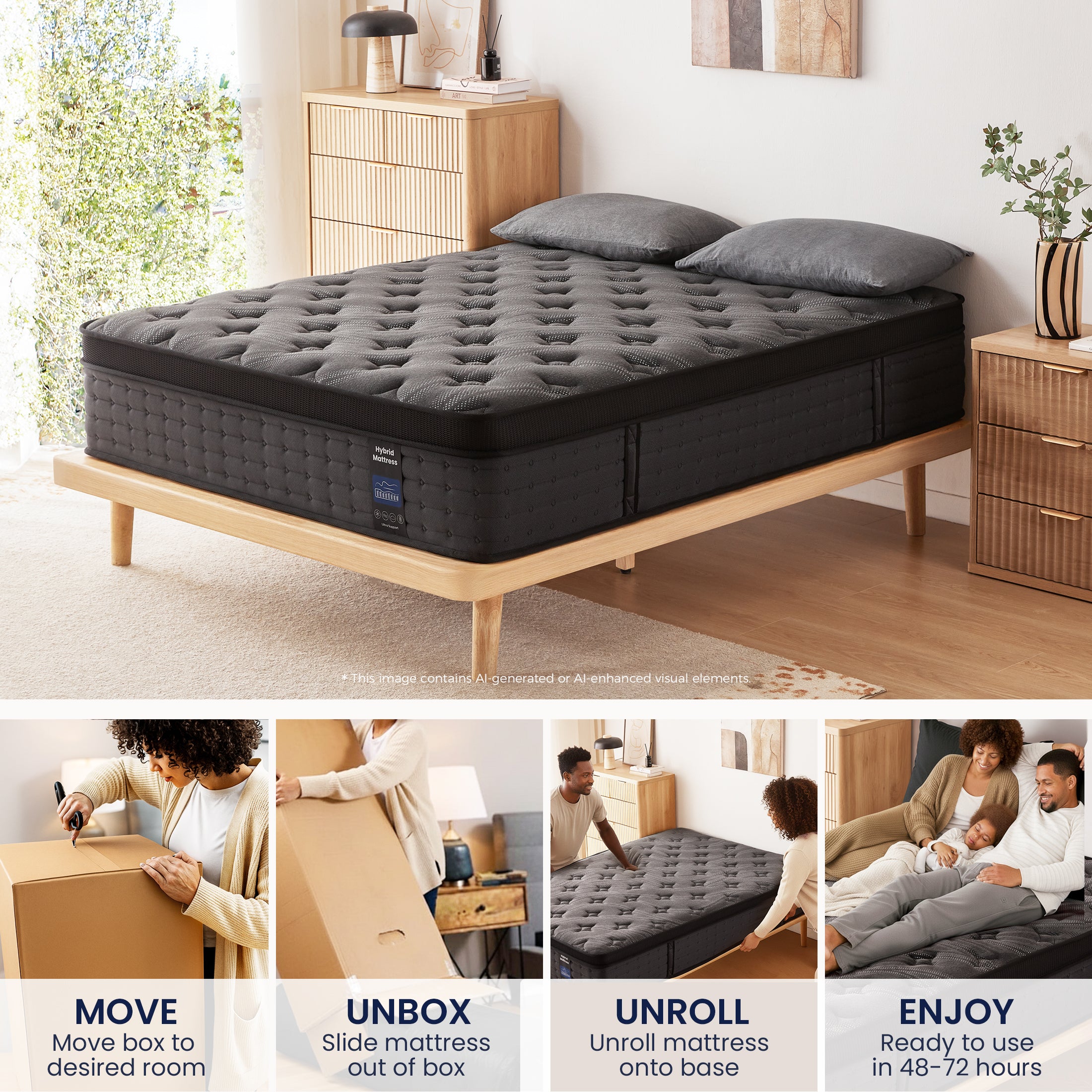 Inofia 12 &14 Inch Hybrid Gel Memory Foam & Pocket Springs Mattress, Black
