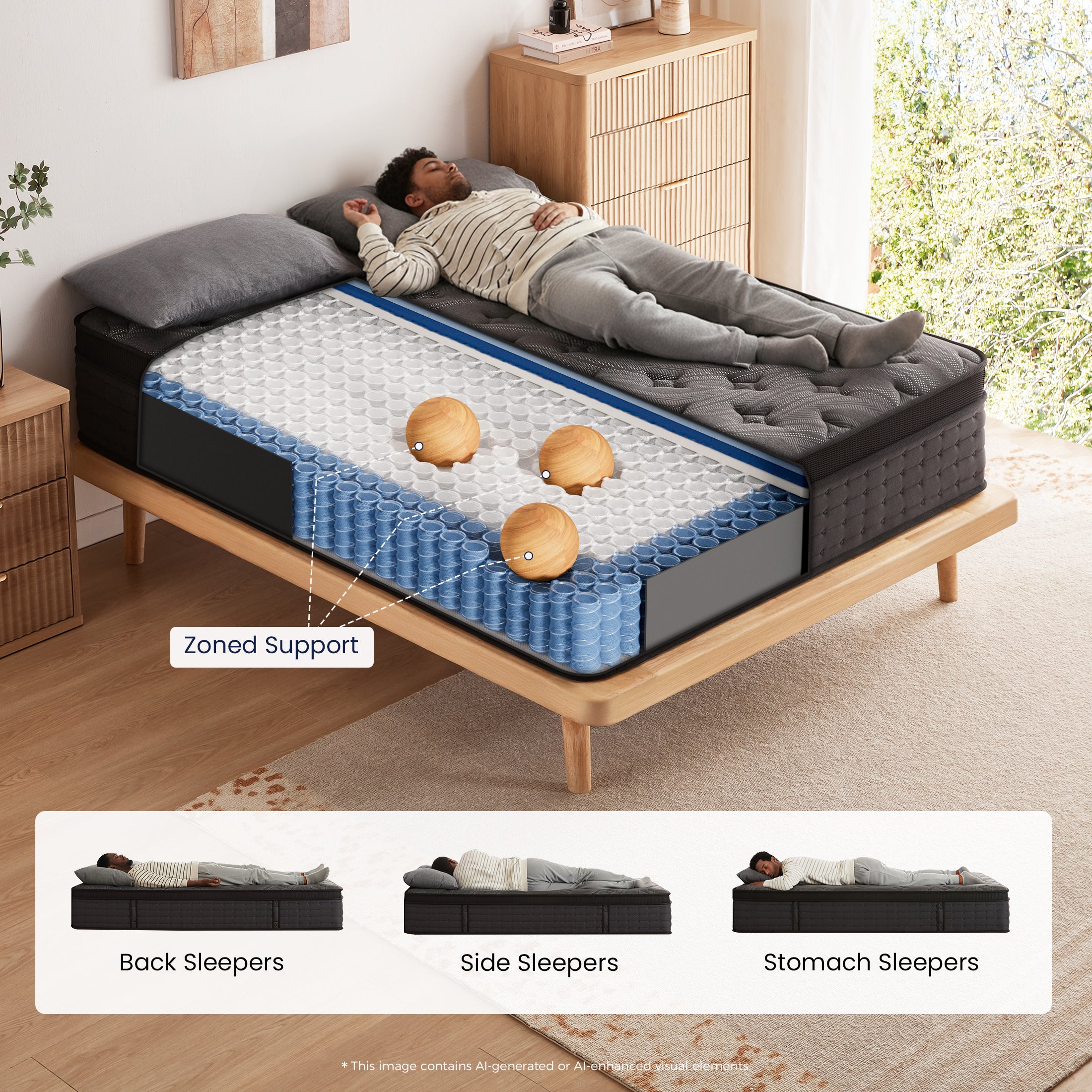 Inofia 12 &14 Inch Hybrid Gel Memory Foam & Pocket Springs Mattress, Black