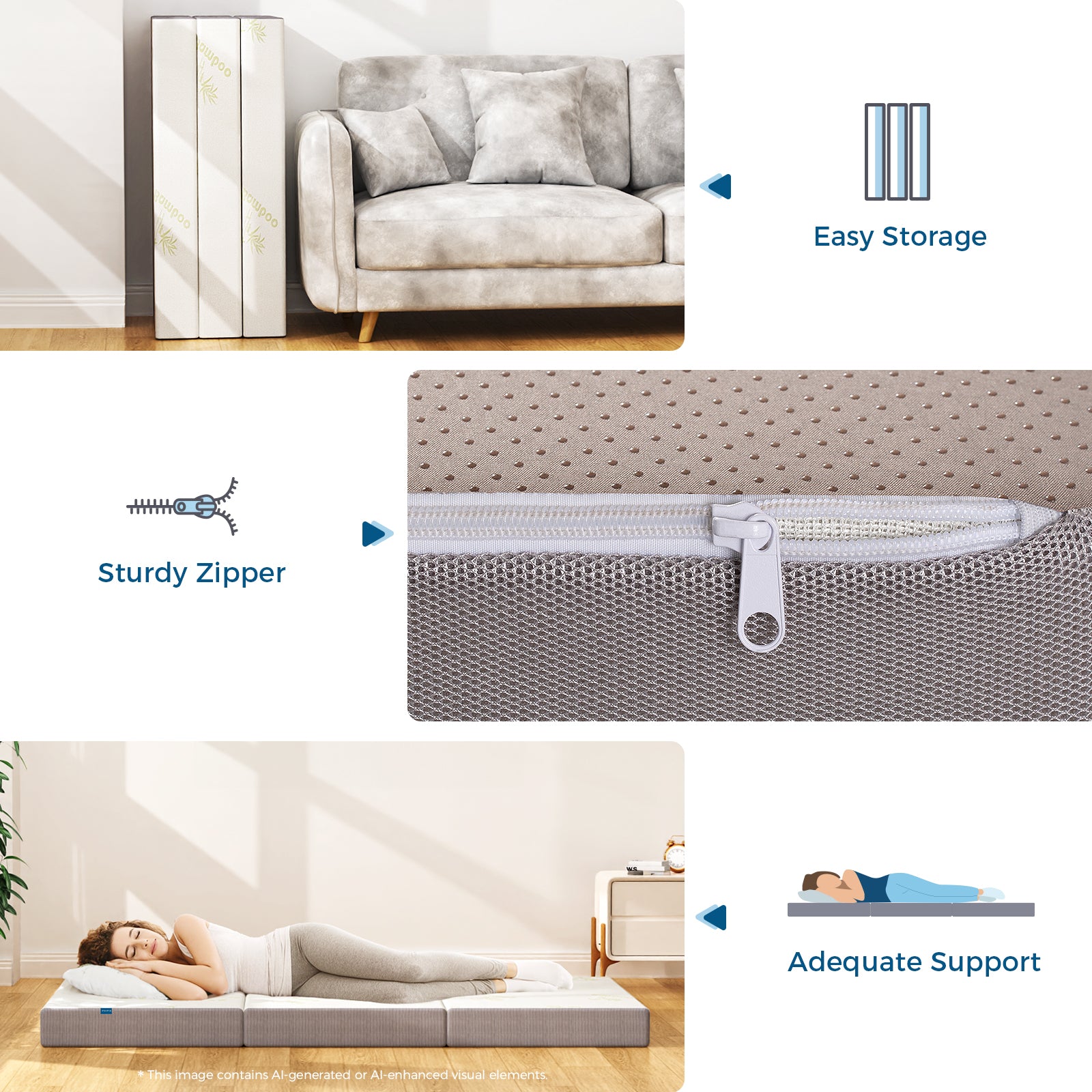 Inofia 5 Inch Trifold Memory Foam Mattress with Ultra-Soft Removable Cover - for Camping, Guest, and Floor Foldable Bed