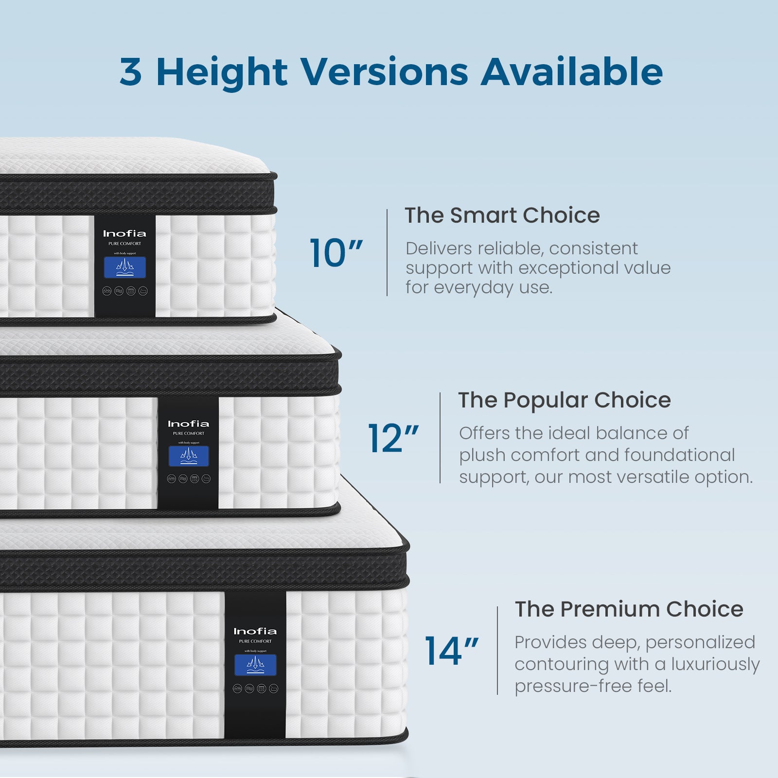 Inofia 10&12&14 Inch Luxury Innerspring and Memory Foam Hybrid Mattress